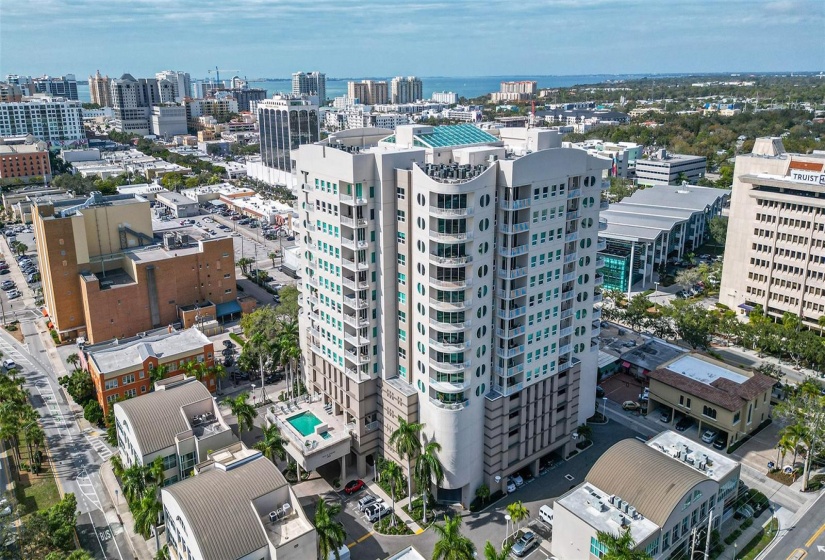 Aerial of Rivo, downtown and the Bay