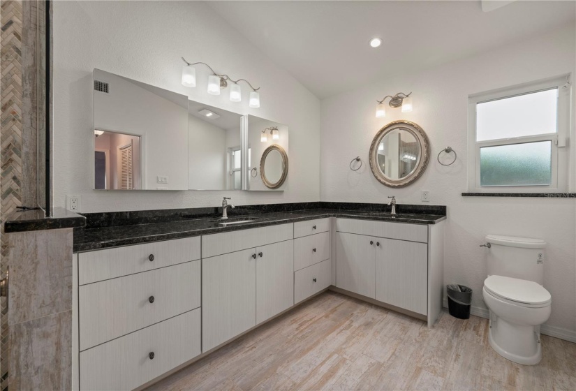 Professionally Renovated Master Bathroom, dual medicine chests, dual sinks, lots of storage drawers, high ceilings.