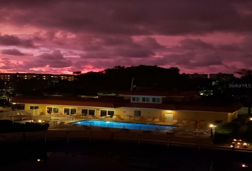 nighttime view of our beautiful clubhouse Siesta Harbor!