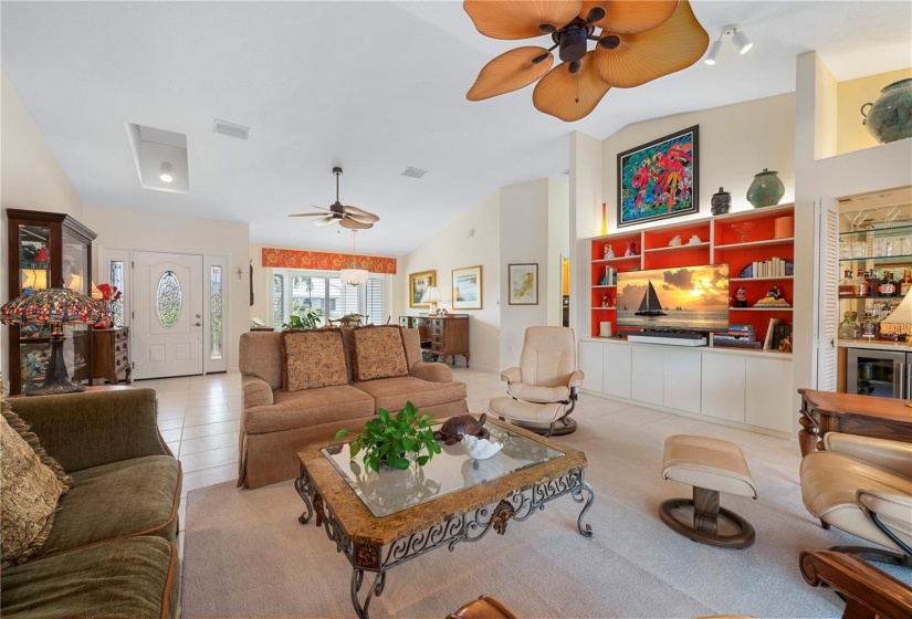 Living Room with built-in bookcase and wetbar