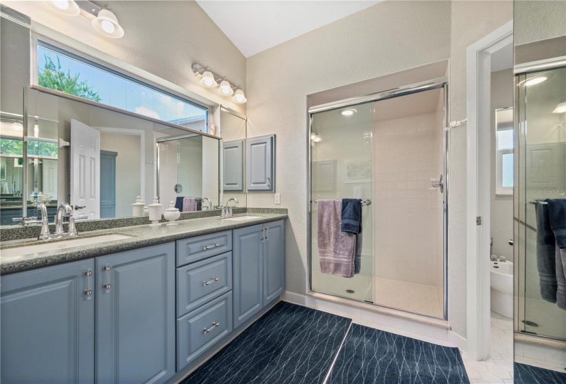 Master Bath 1, Dual Sinks on taller height cabinets, tiled steam box shower. This is the only window not replaced.