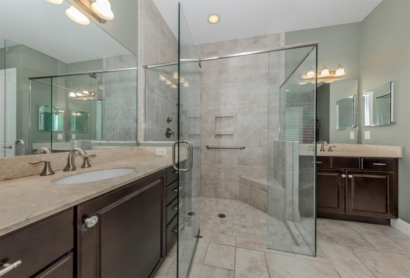 Double vanities, large walk-in shower