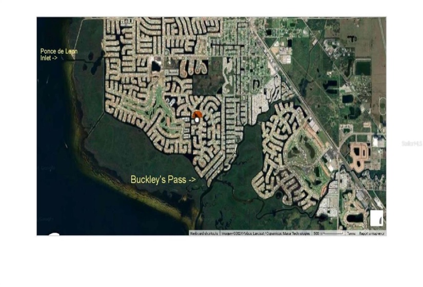 CCGIS Aerial map showing two ways out to Charlotte Harbor through Ponce de Leon Inlet in upper left and through Buckley's Pass at bottom of photo