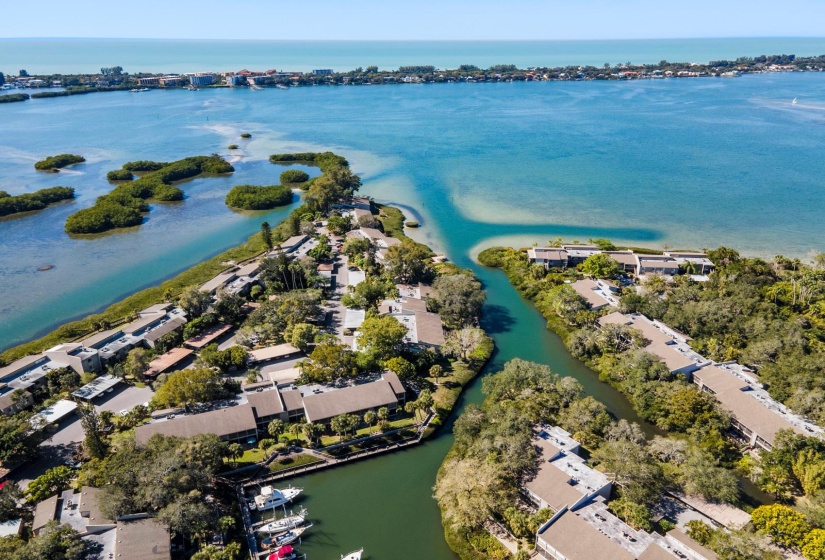 The harbor entrance/exit with no fixed bridges going out to he Gulf