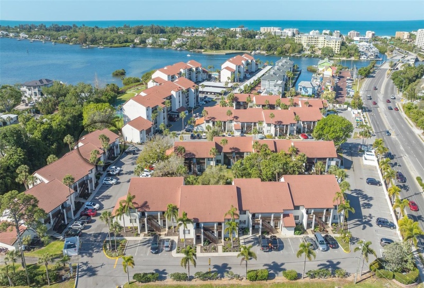 Aerial view of Castel Del Mare looking west to Siesta Key.