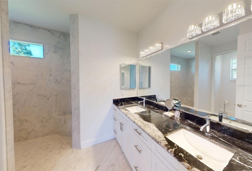 View of Double vanity looking into roll in shower