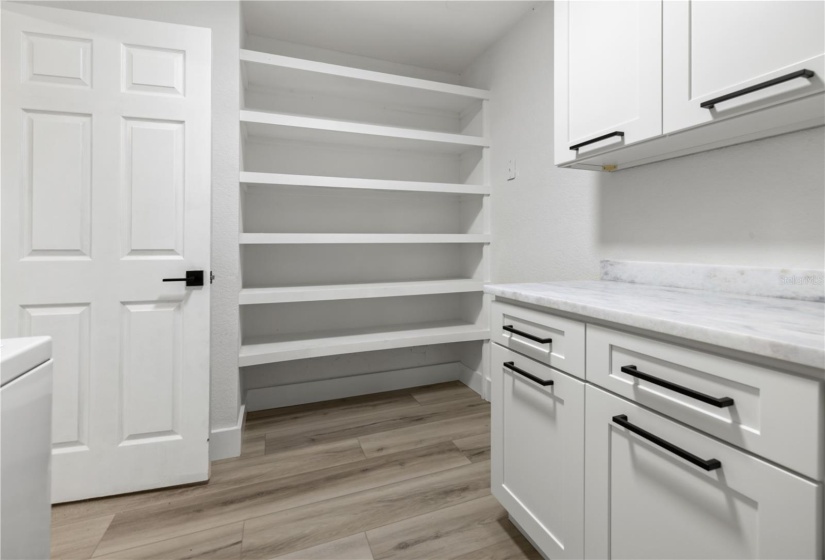 Dreamy Laundry Room with cabinet storage and shelving