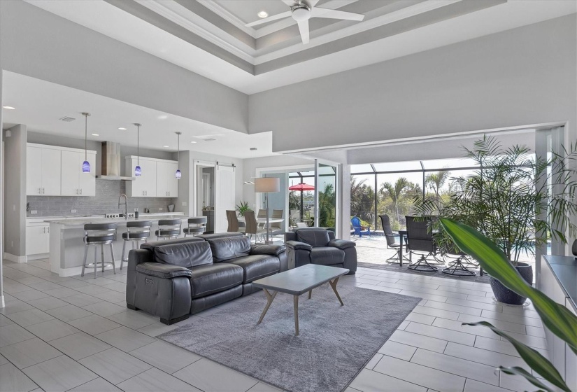 Open Great Room with Contemporary Tile Flooring