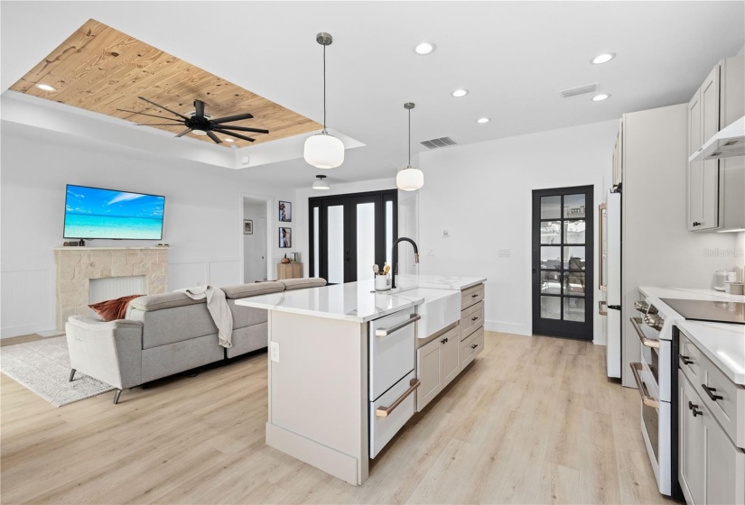 View from Kitchen shows Front Entry doors.  Door to Right is the large walk-in Pantry.