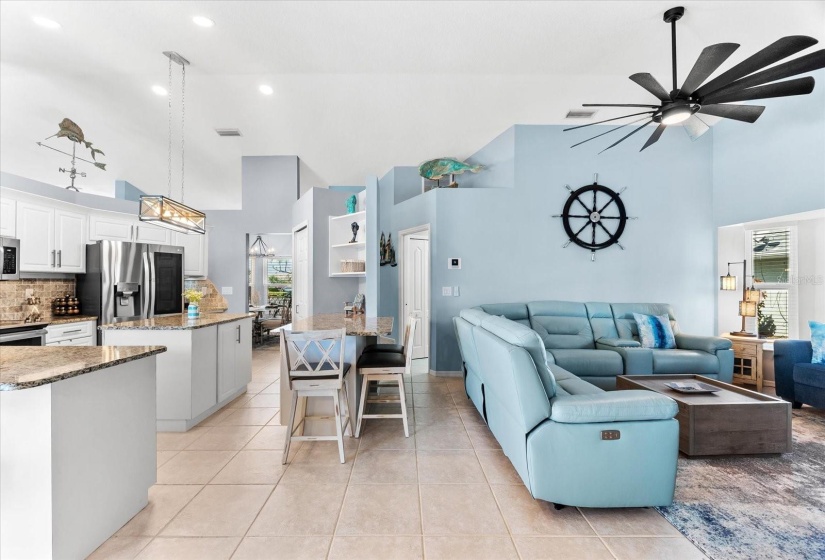 Modern kitchen with cozy family room