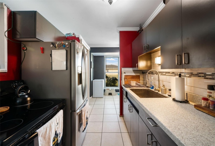 Galley kitchen with a view to the dinette area