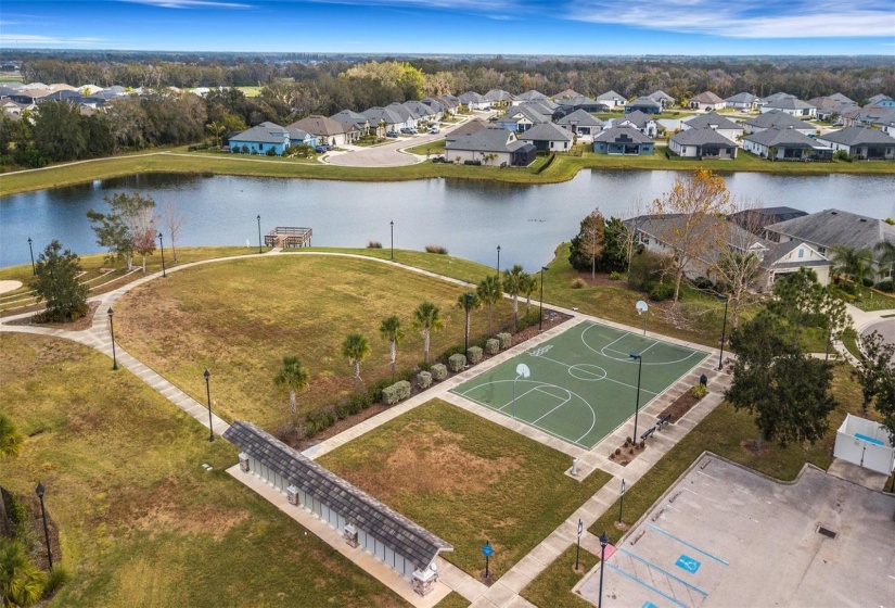 Basketball court and fishing dock.