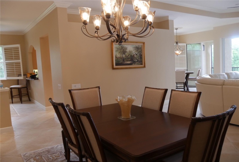 Plenty of room and plenty of light in this dining room with another new chandelier!