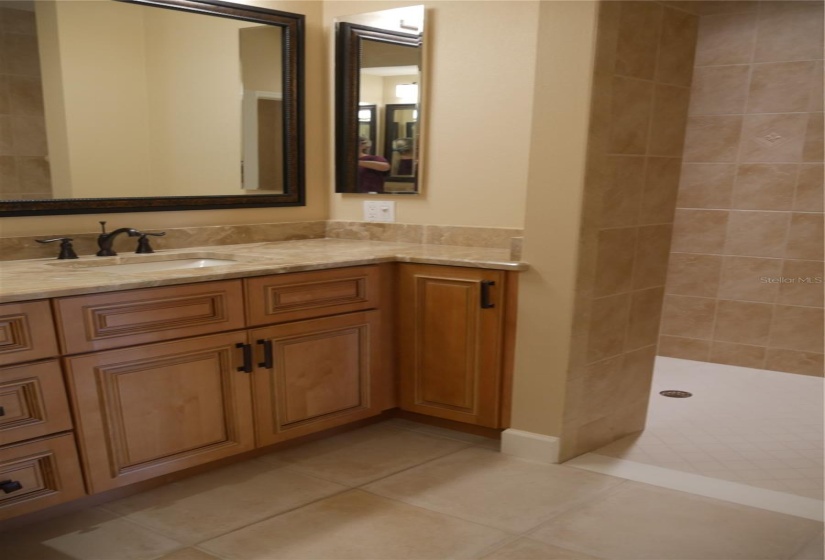 Note that the shower floor is even with the bathroom floor!  A true walk-in/roll-in shower!