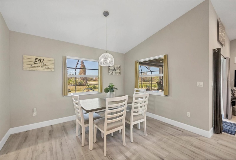 The dining room offers beautiful pool views