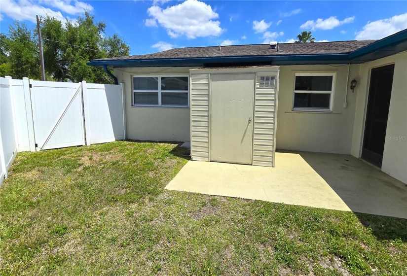 Side patio and storage shed