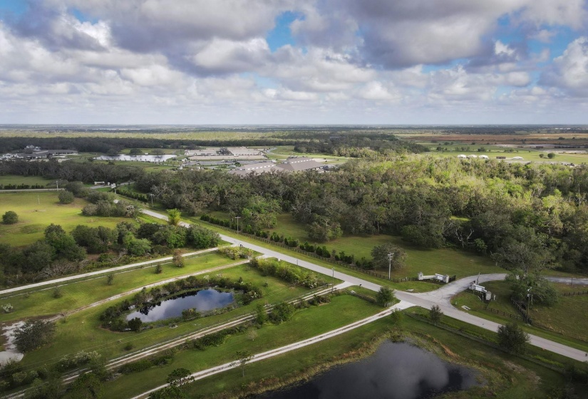 Aerial view showing the pond off Clay Gully Rd and Terra Nova Equestrian center across the road