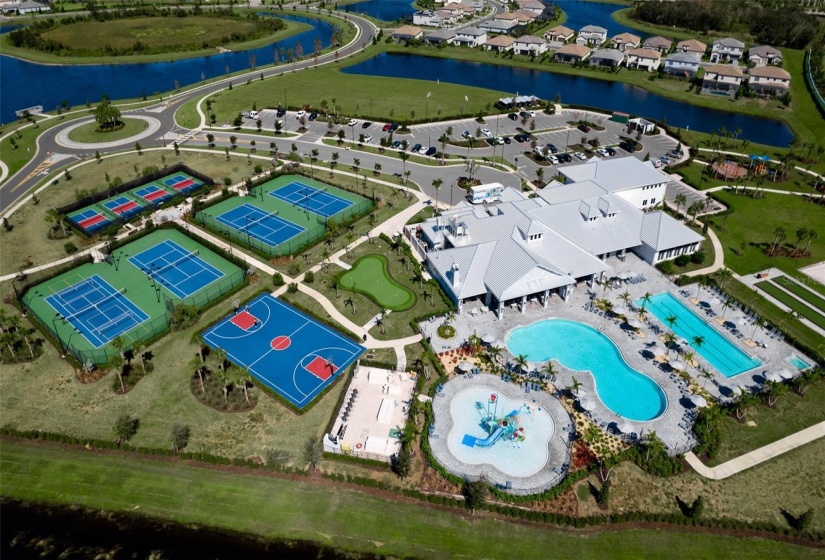 Lorraine Lakes Resort Style Amenities includes: a Lap Pool, Resort Style Pool, Splash Pad, Outdoor & Indoor Basketball Courts, Tennis & Pickleball Courts, Playground, Bocce Ball and Sand Volley Ball Courts, as well as a multi-hole Putting Green