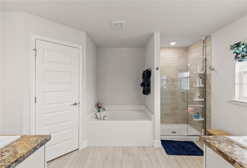 A walk-in glass enclosed shower, and garden tub.