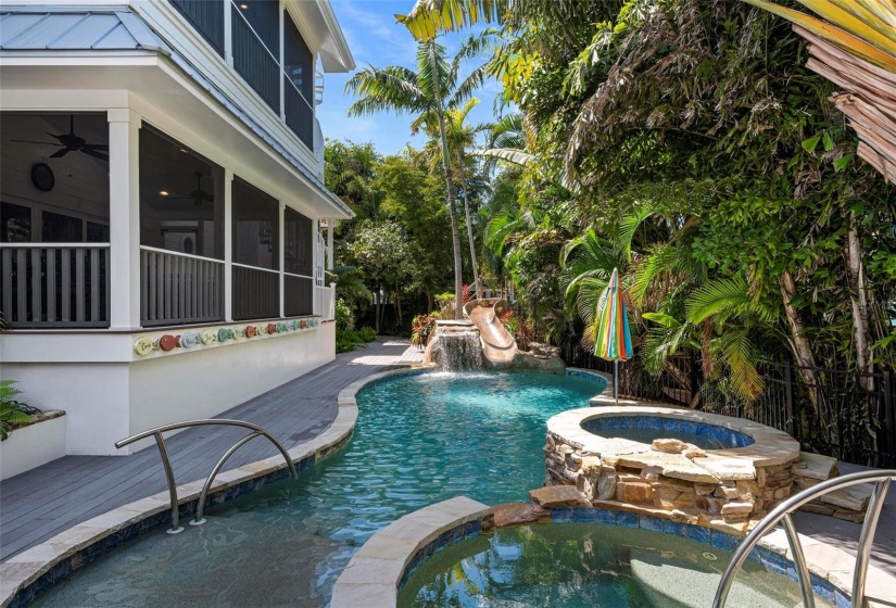 Heated pool and spa with waterfall