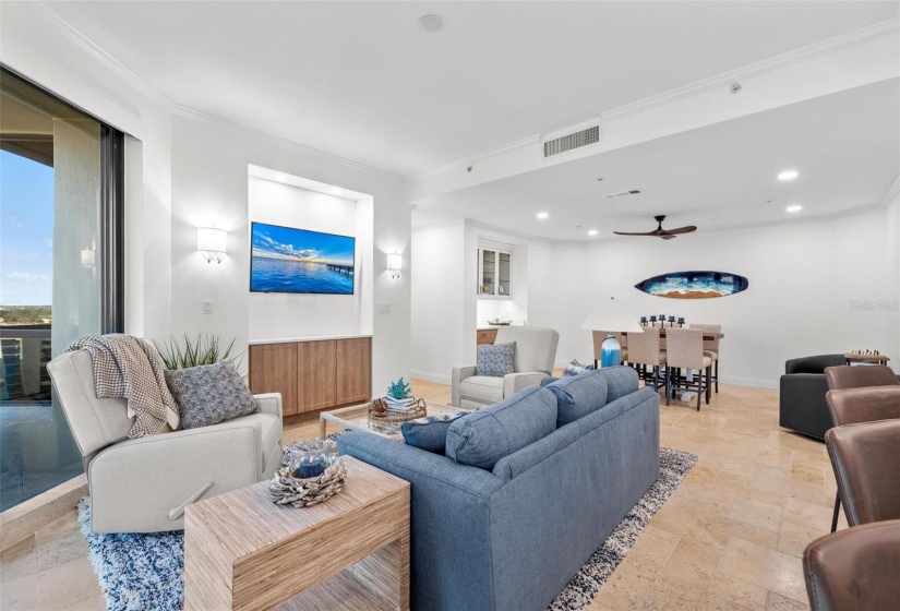 Fully Remodeled living room with flat screen tv and view to the Gulf of Mexico