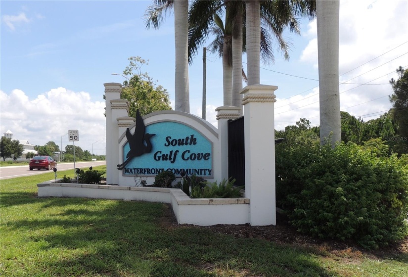 Entrance to South Gulf Cove a Waterfront Community with many parks and a boat ramp to launch your boat