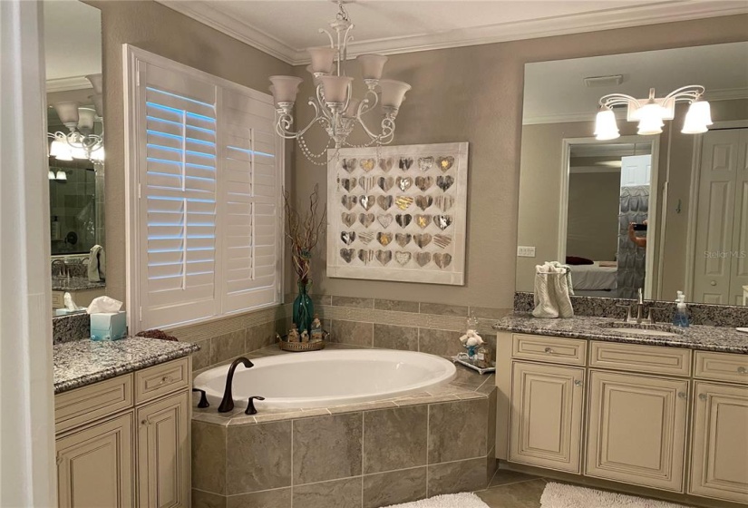 master bath with double vanities and sunken tub