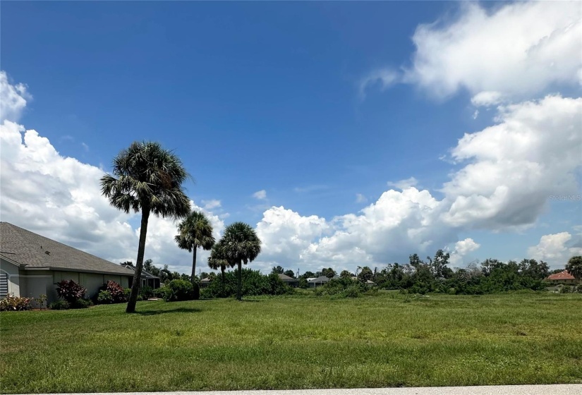 Standing on street full view of lot, palm trees positioned on left of lot.