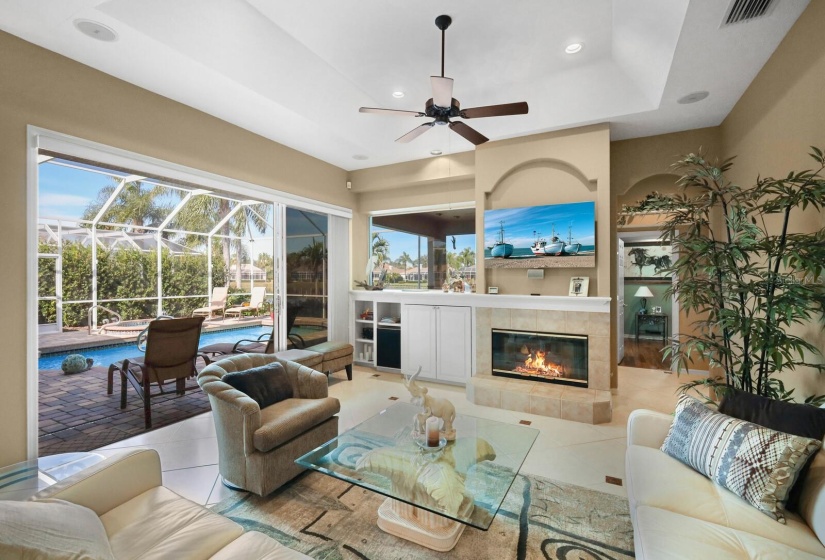 Wall of Sliding glass doors to pool