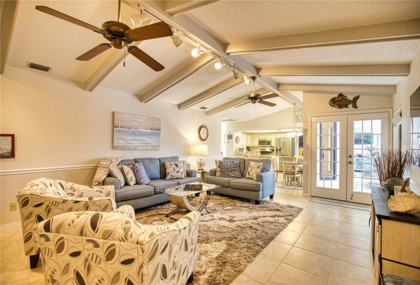 Cathedral ceiling family room