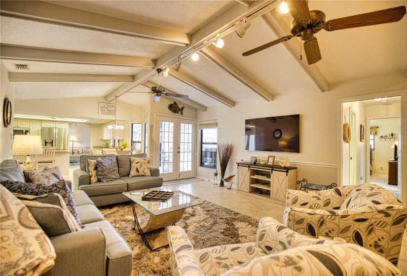 Cathedral ceiling family room